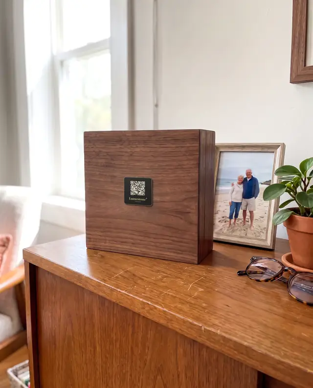 A Lumestone plaque on a wooden keepsake urn on a living room sideboard