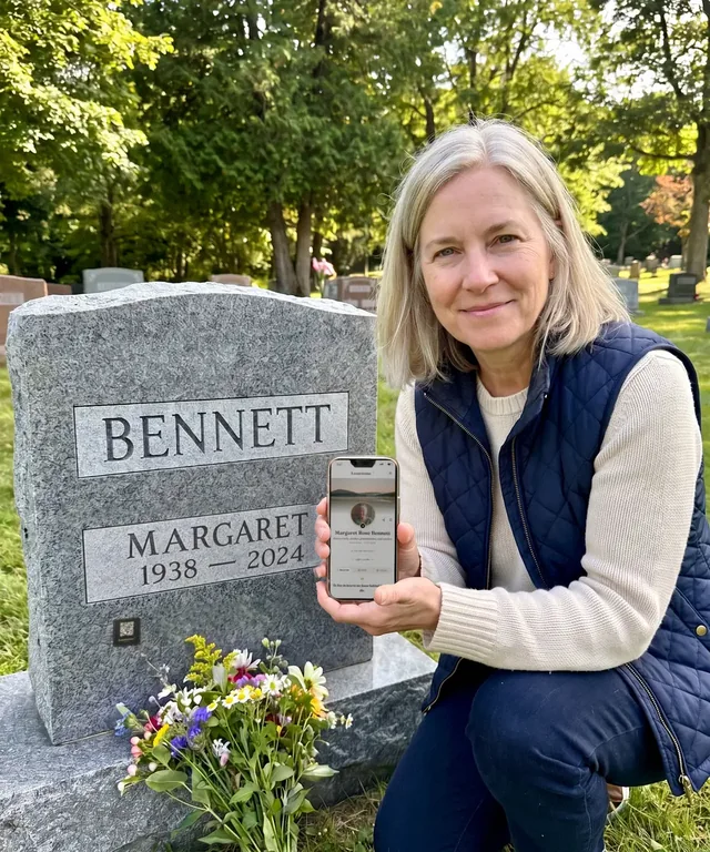 A woman at a family headstone shows the Lumestone memorial page on her phone