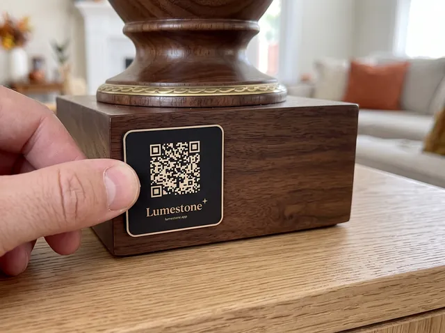 A thumb pressing the plaque onto the base of a wooden urn